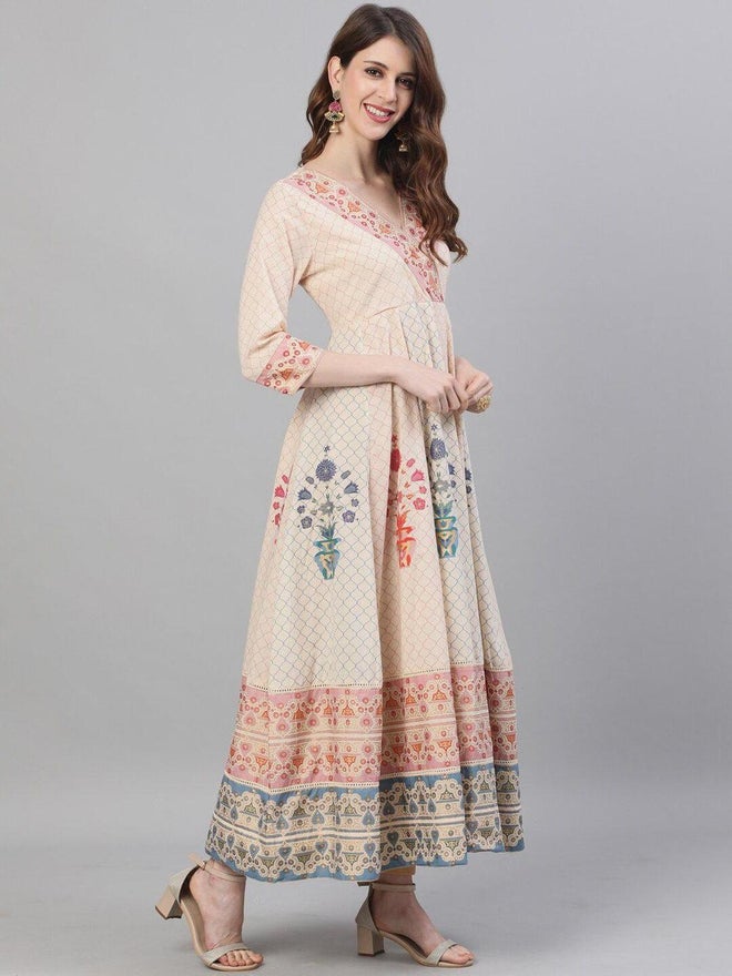 ISHIN Women Beige Printed Kurta with Anarkali Dupatta Set - Image 1